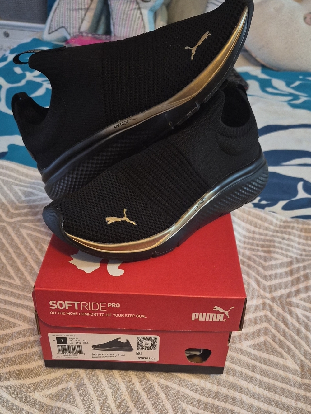 Puma Men’s Black Slip-On Knit Sneakers with Gold Trim